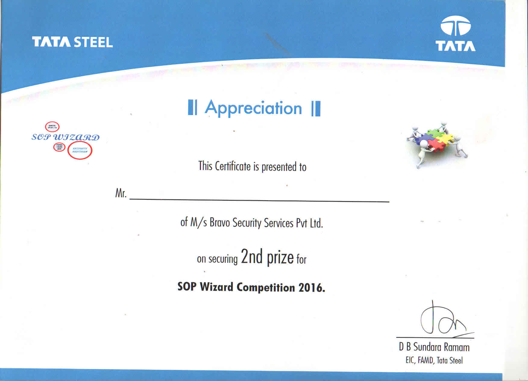 Award Certificate (Tata Steel)